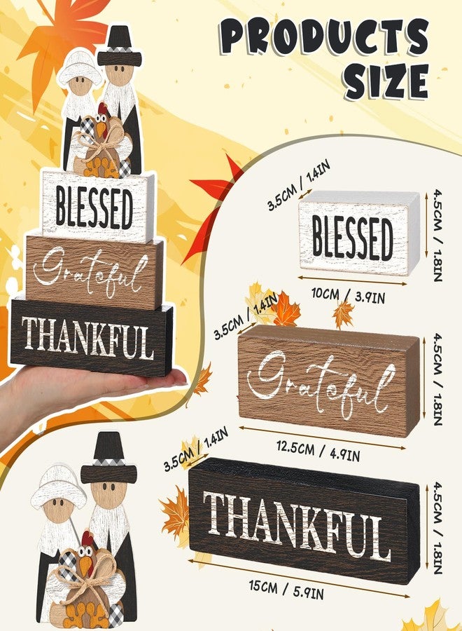 Quzzil 4 Pcs Thanksgiving Table Decor for Home Pilgrim Couple Wooden Signs with Blessed Thanksgiving Autumn Tiered Tray Decor Turkey Tabletop Centerpiece Grateful Block Signs for Office Kitchen Shelf - Image 3